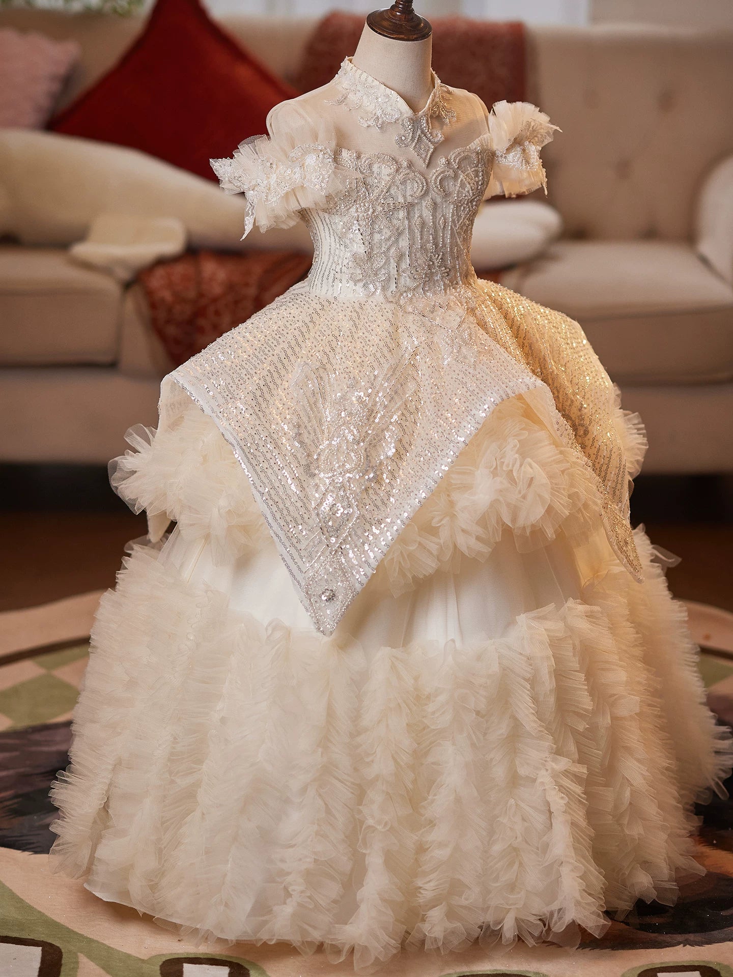 Champagne Sequin Flower Girl Dress Maxi Tiered Tulle - Cute Kids Formal Wear