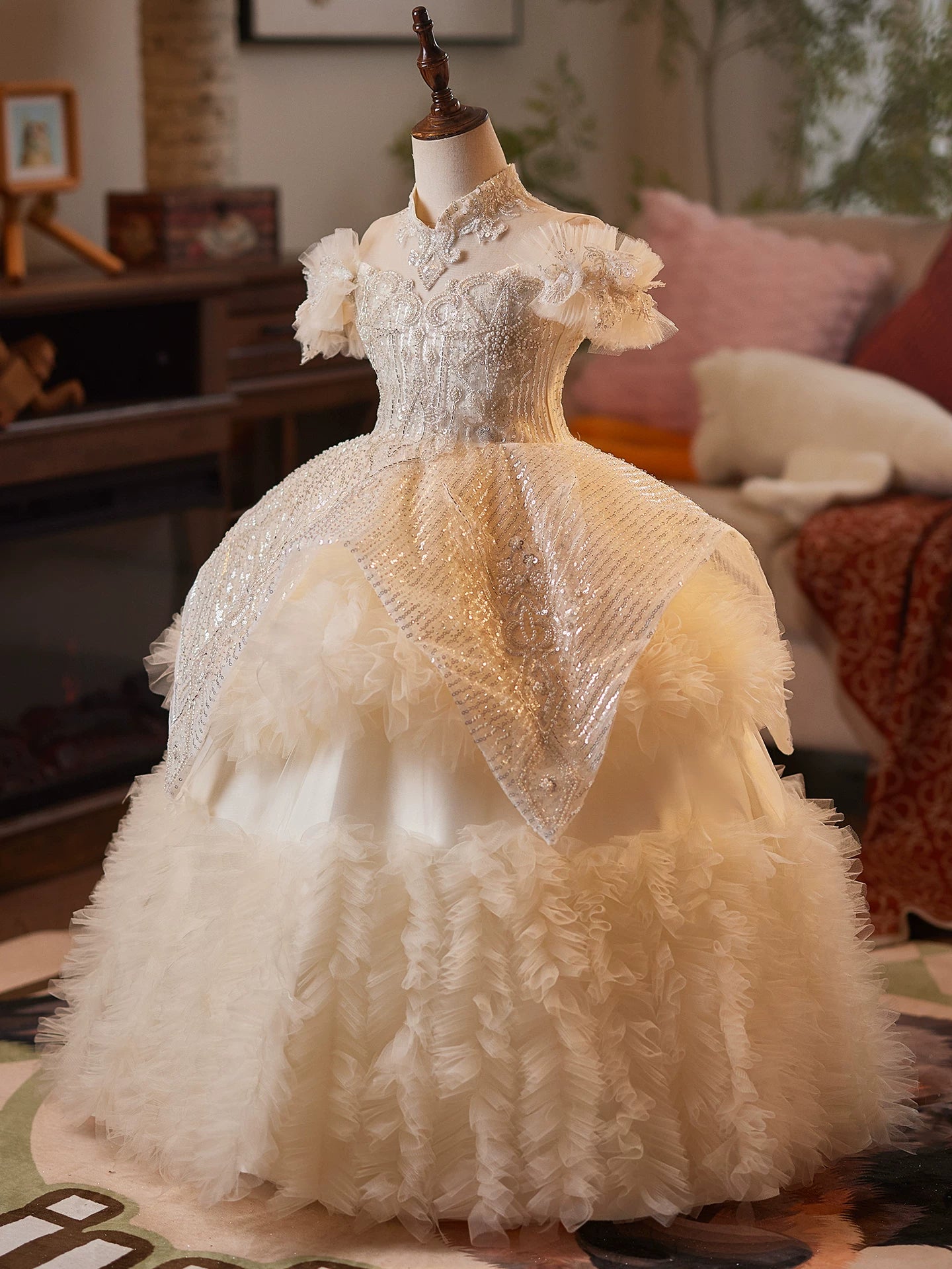 Champagne Sequin Flower Girl Dress Maxi Tiered Tulle - Cute Kids Formal Wear