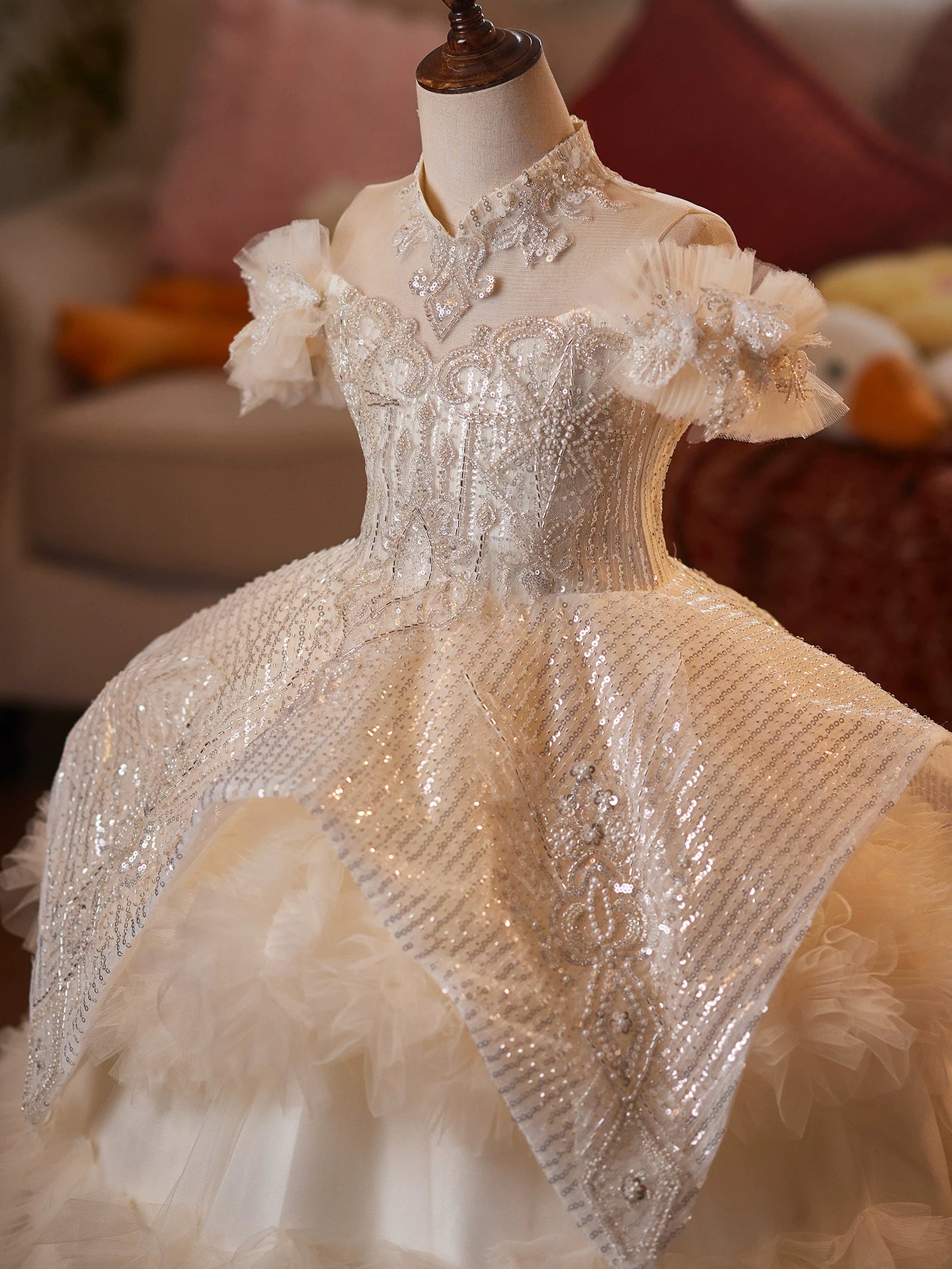 Champagne Sequin Flower Girl Dress Maxi Tiered Tulle - Cute Kids Formal Wear