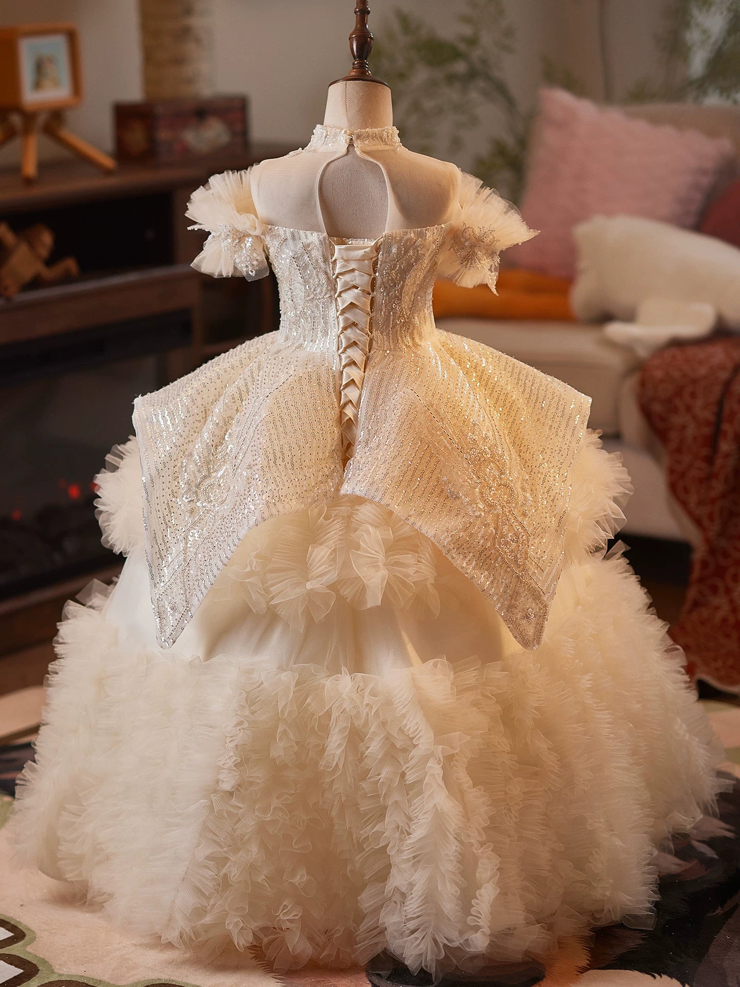 Champagne Sequin Flower Girl Dress Maxi Tiered Tulle - Cute Kids Formal Wear