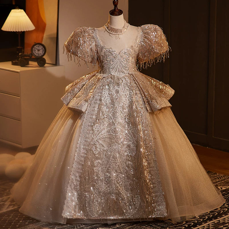 Champagne Sequin Maxi Princess Dress for Girls | Cute A-line Tulle Gown