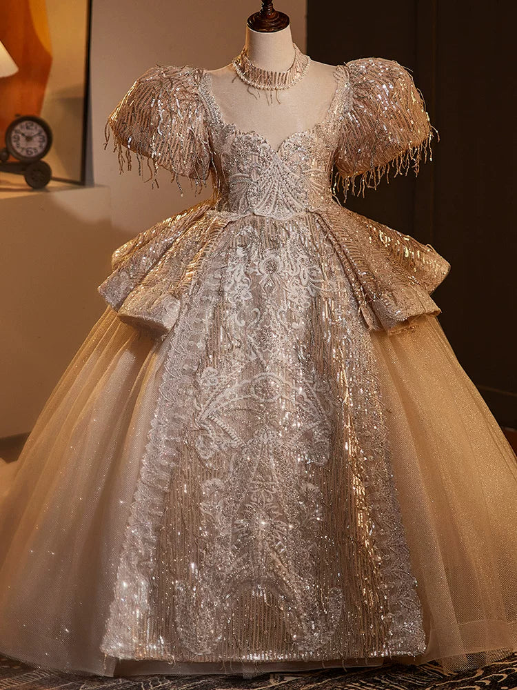 Champagne Sequin Maxi Princess Dress for Girls | Cute A-line Tulle Gown
