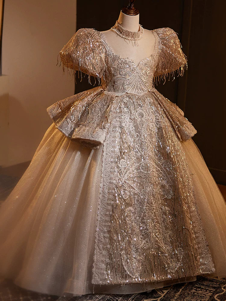 Champagne Sequin Maxi Princess Dress for Girls | Cute A-line Tulle Gown