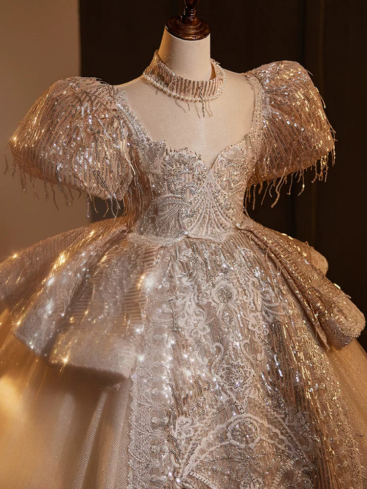 Champagne Sequin Maxi Princess Dress for Girls | Cute A-line Tulle Gown