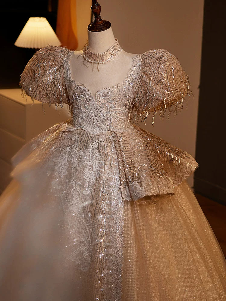 Champagne Sequin Maxi Princess Dress for Girls | Cute A-line Tulle Gown