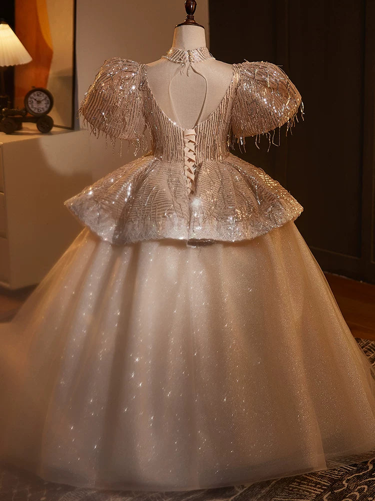 Champagne Sequin Maxi Princess Dress for Girls | Cute A-line Tulle Gown