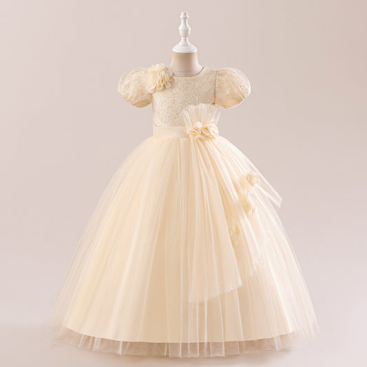 Champagne Puff Sleeve Sequin Maxi Dress for Girls – Flower Girl Princess Dress