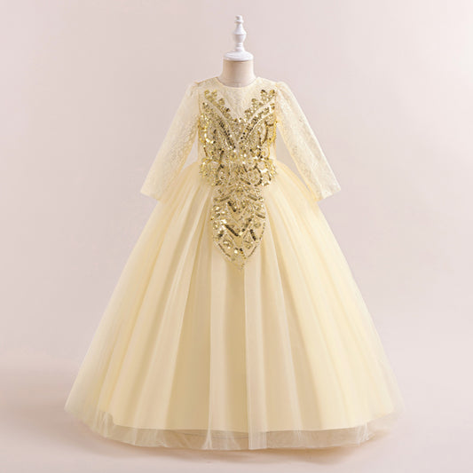 Champagne A-Line Tulle Maxi Dress for Girls with Lace & Sequins | Special Occasion Gown