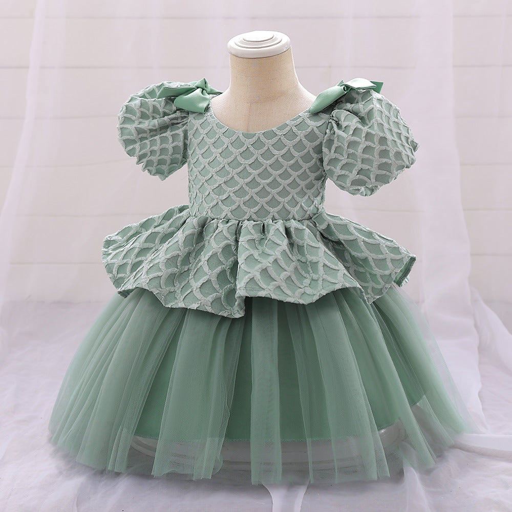 Cute Puff Sleeve A-Line Baby Dress with Bowknot & Ruffle Skirt
