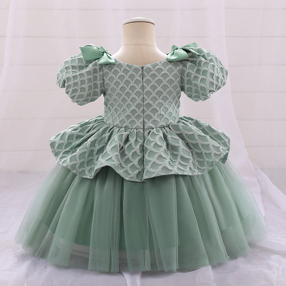 Cute Puff Sleeve A-Line Baby Dress with Bowknot & Ruffle Skirt