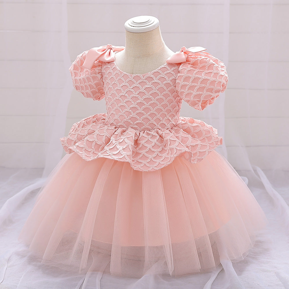 Cute Puff Sleeve A-Line Baby Dress with Bowknot & Ruffle Skirt