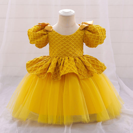 Cute Puff Sleeve A-Line Baby Dress with Bowknot & Ruffle Skirt