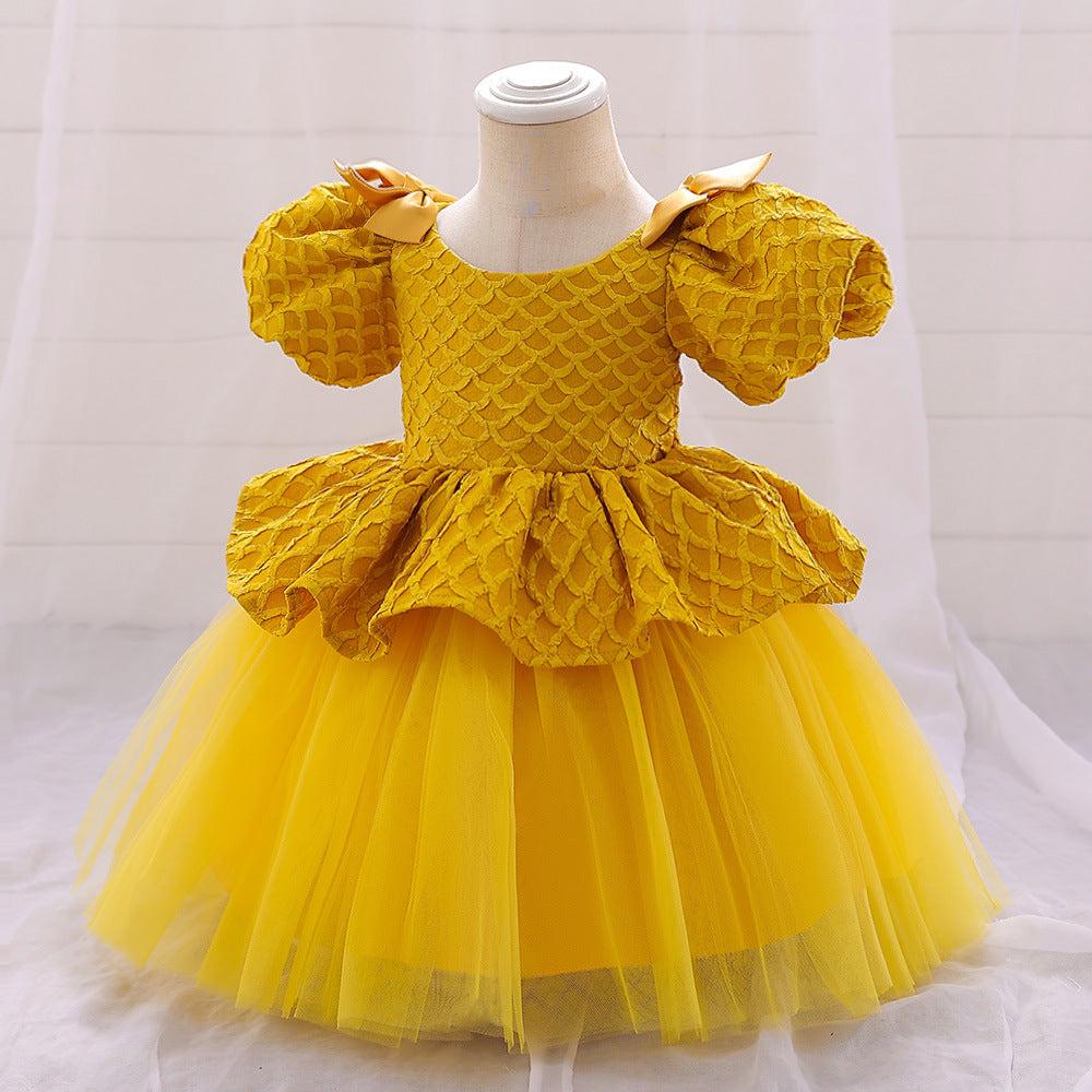 Cute Puff Sleeve A-Line Baby Dress with Bowknot & Ruffle Skirt