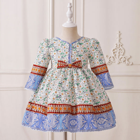 Cute A-Line Floral Bow Dress for Baby Girls, Long Sleeve, Tea Length