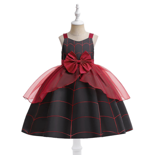 Cute Cartoon Print Bowknot A-Line Dress for Girls, Tea Length, Black