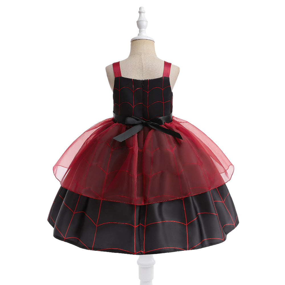 Cute Cartoon Print Bowknot A-Line Dress for Girls, Tea Length, Black