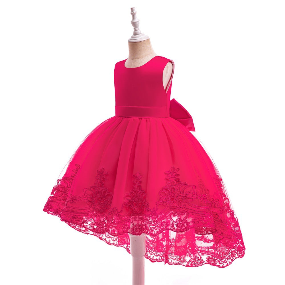 Charming High-Low A-Line Satin & Tulle Girl's Party Dress with Bow & Lace