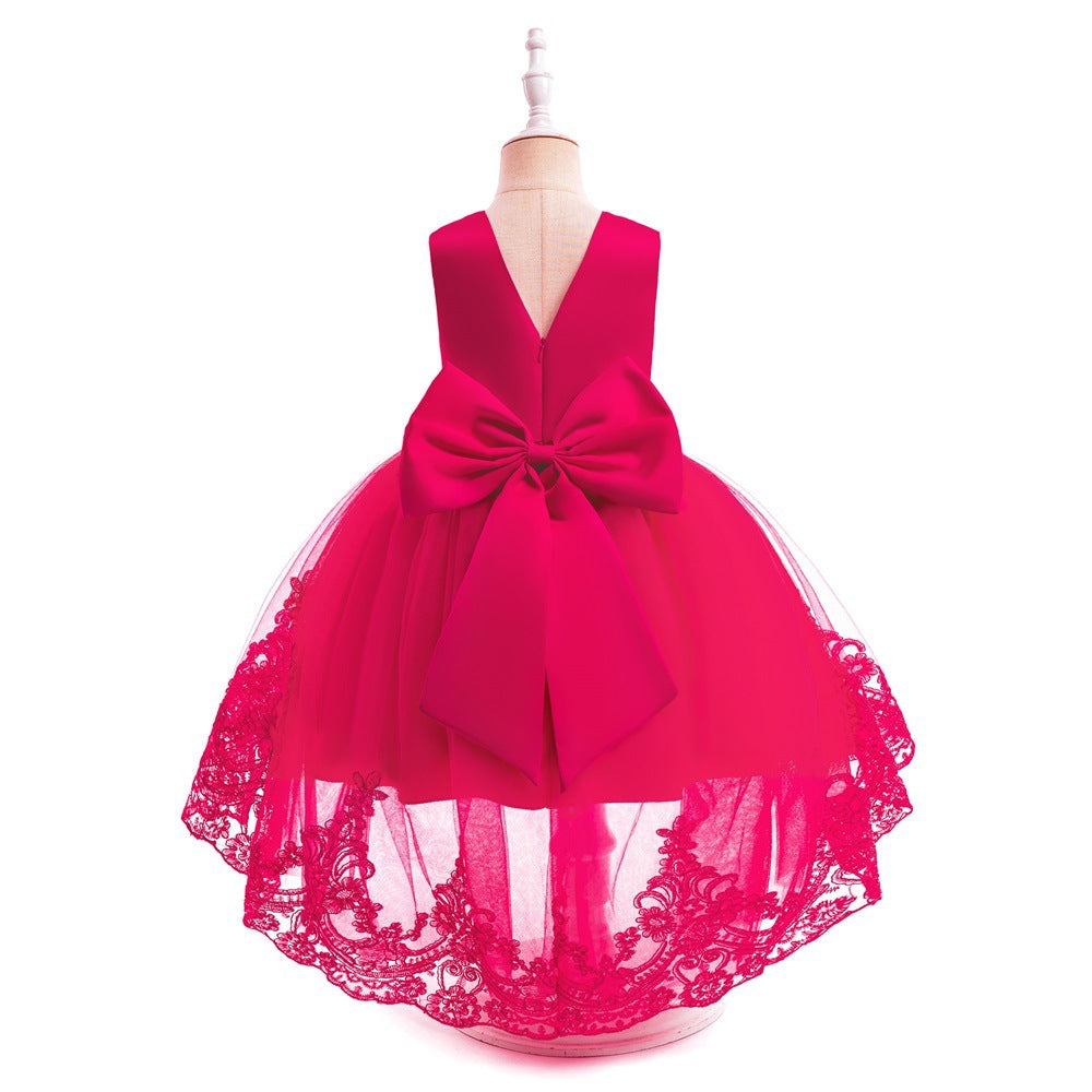 Charming High-Low A-Line Satin & Tulle Girl's Party Dress with Bow & Lace