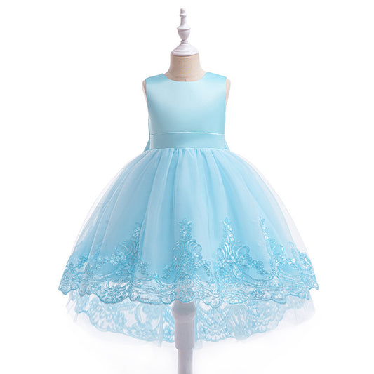 Charming High-Low A-Line Satin & Tulle Girl's Party Dress with Bow & Lace