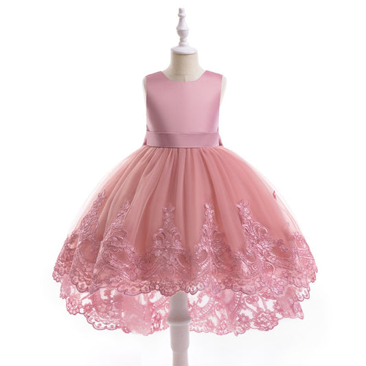 Charming High-Low A-Line Satin & Tulle Girl's Party Dress with Bow & Lace
