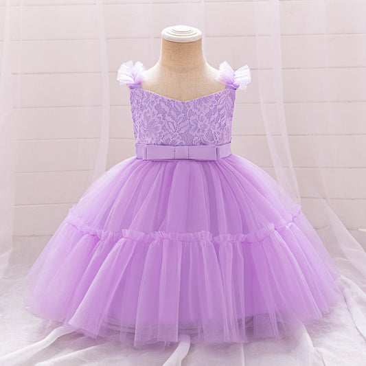 Adorable A-Line Lace & Tulle Bow Dress for Girls | Perfect for Parties & Weddings