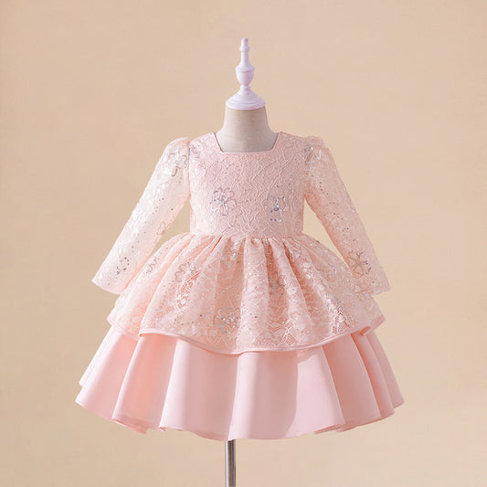 Sweet Light Pink Long Sleeve A-line Lace Party Dress for Girls (3-8Y)