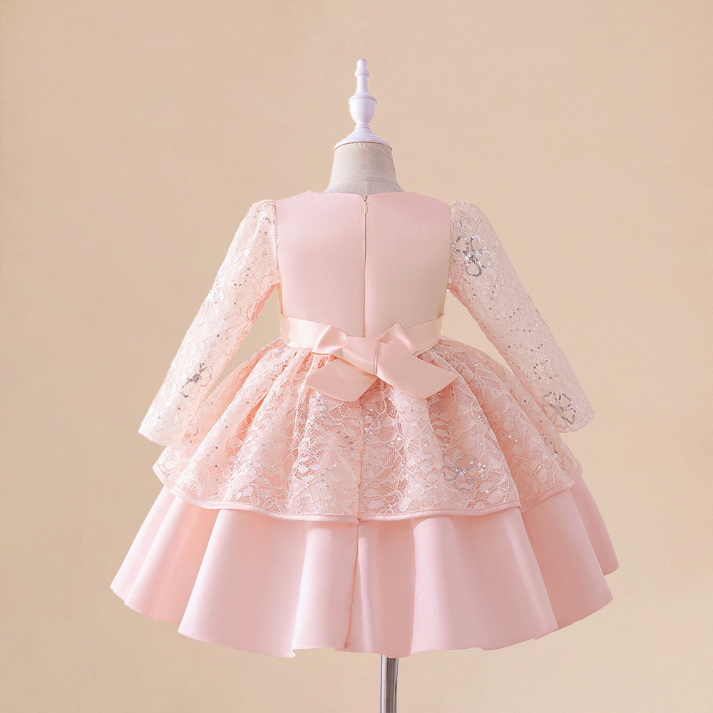 Sweet Light Pink Long Sleeve A-line Lace Party Dress for Girls (3-8Y)