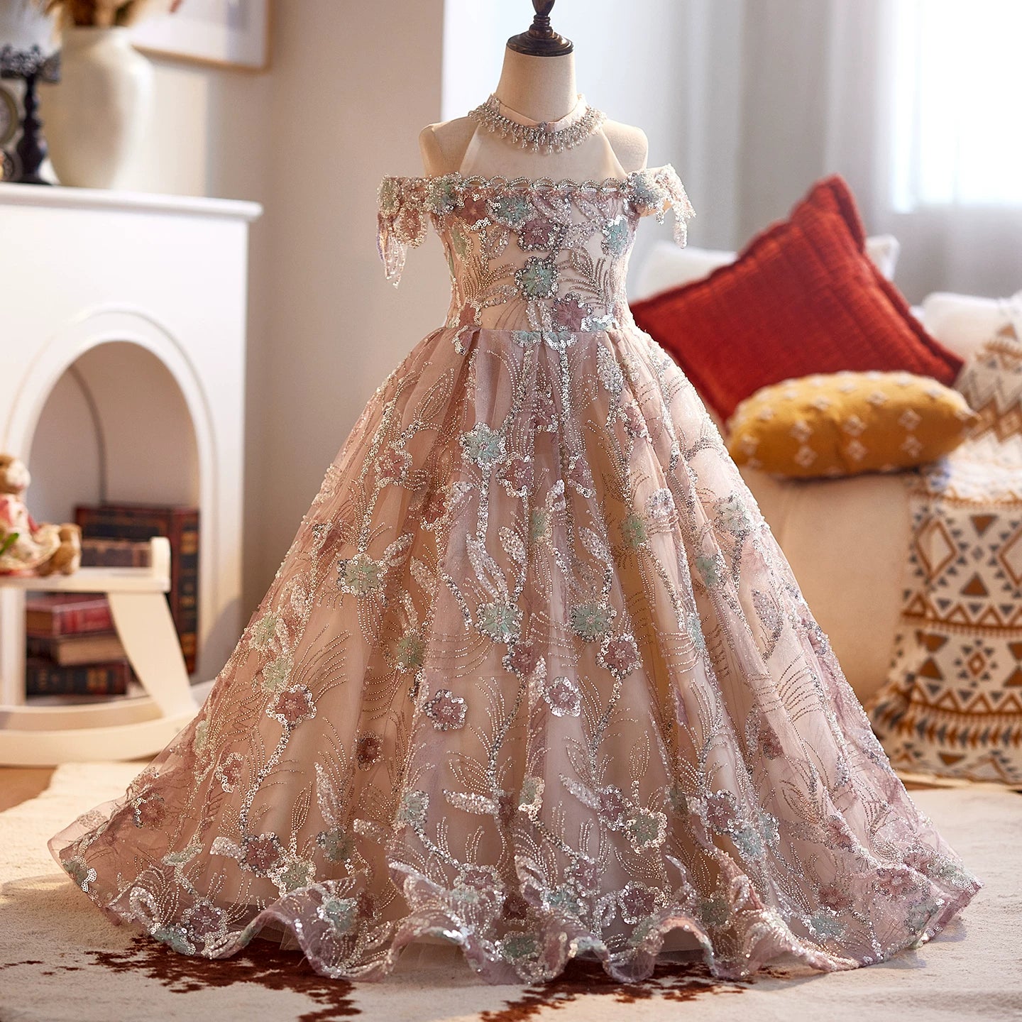 Dusty Rose A-Line Sequin Flower Girl Maxi Dress | Cute Kids Formal Gown