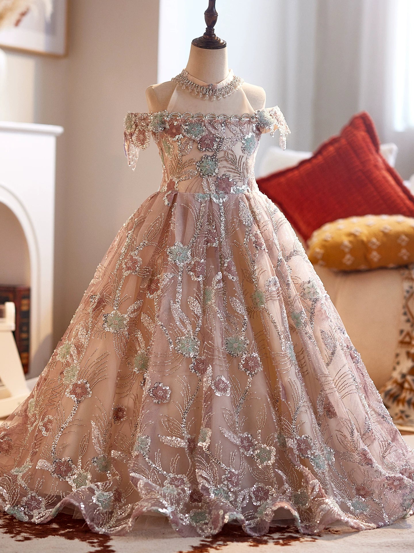 Dusty Rose A-Line Sequin Flower Girl Maxi Dress | Cute Kids Formal Gown