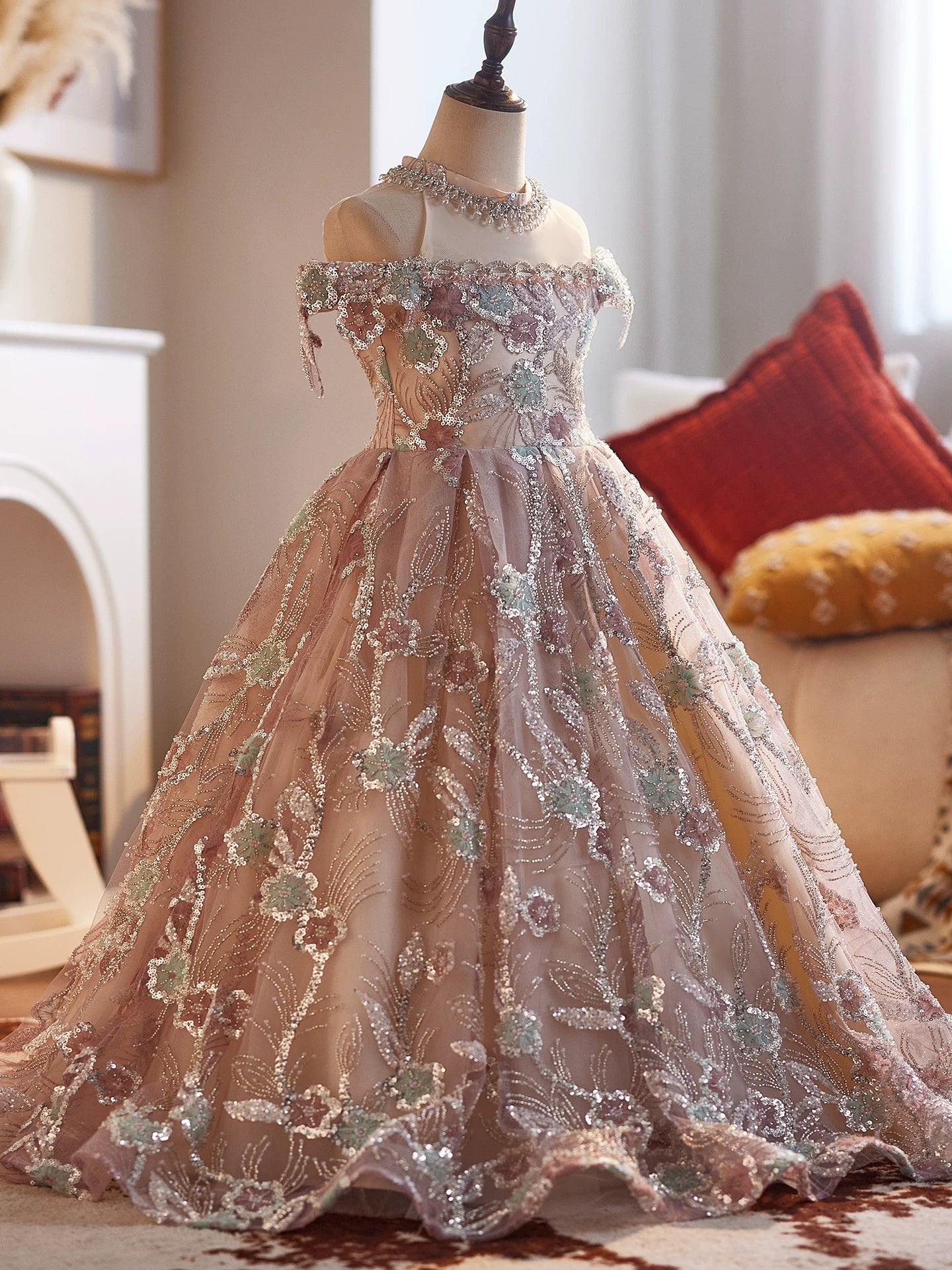 Dusty Rose A-Line Sequin Flower Girl Maxi Dress | Cute Kids Formal Gown