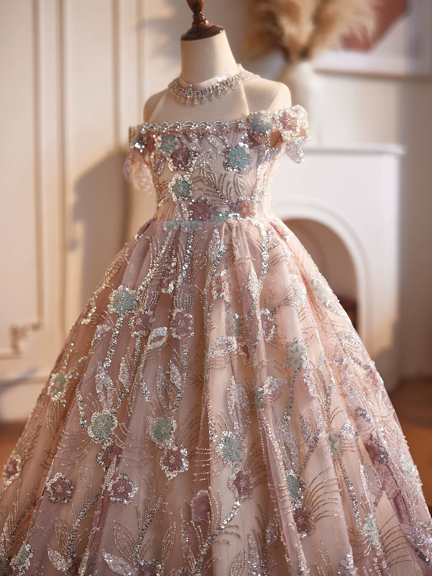 Dusty Rose A-Line Sequin Flower Girl Maxi Dress | Cute Kids Formal Gown