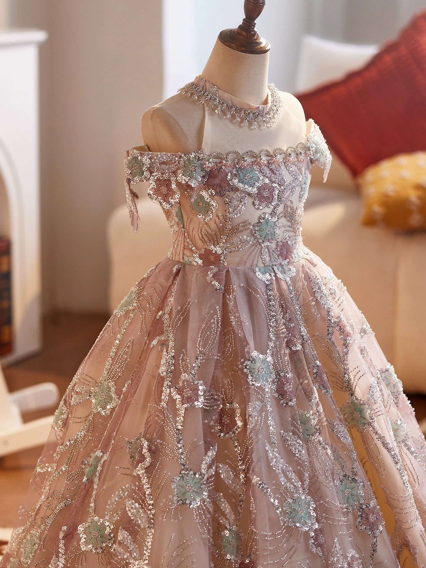 Dusty Rose A-Line Sequin Flower Girl Maxi Dress | Cute Kids Formal Gown