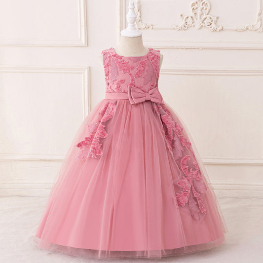 Cute Pink Maxi Tulle Party Dress for Girls with Embroidery & Bowknot, Ages 2-10