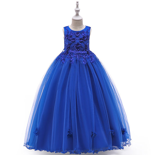 Cute A-Line Mesh Girls' Maxi Party Dress with Applique, Sequins & Beads