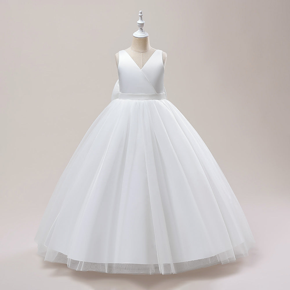 A-Line Mesh Maxi Flower Girl Dress with Bowknot – Cute Party & Wedding Gown for Kids