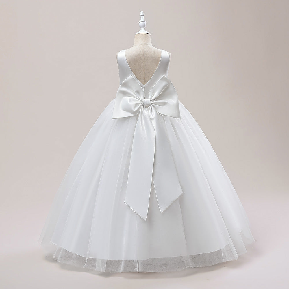 A-Line Mesh Maxi Flower Girl Dress with Bowknot – Cute Party & Wedding Gown for Kids