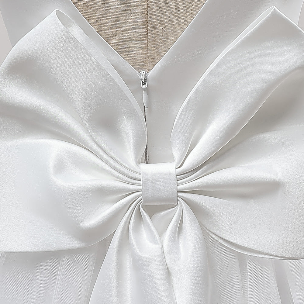 A-Line Mesh Maxi Flower Girl Dress with Bowknot – Cute Party & Wedding Gown for Kids