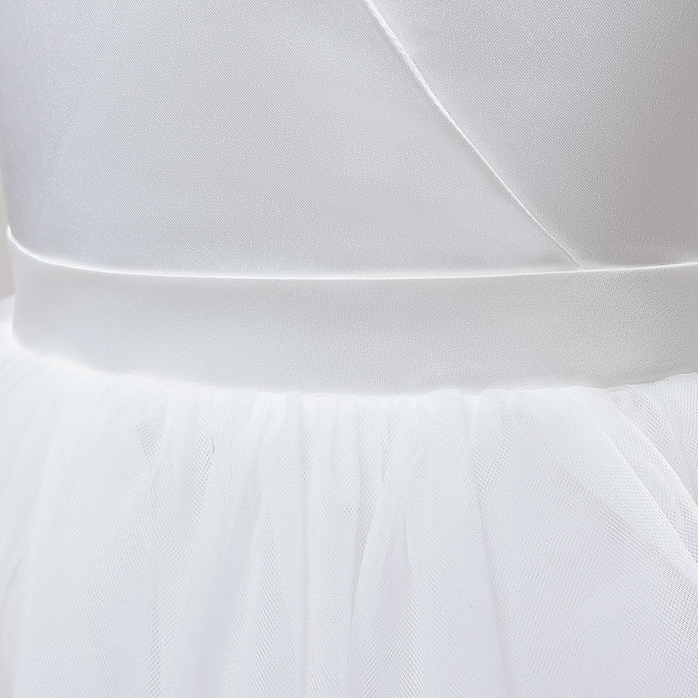 A-Line Mesh Maxi Flower Girl Dress with Bowknot – Cute Party & Wedding Gown for Kids