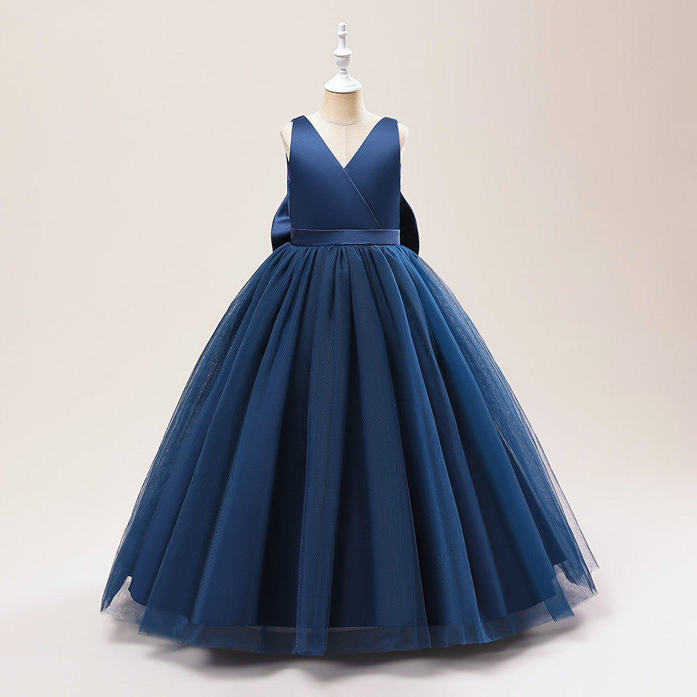 A-Line Mesh Maxi Flower Girl Dress with Bowknot – Cute Party & Wedding Gown for Kids