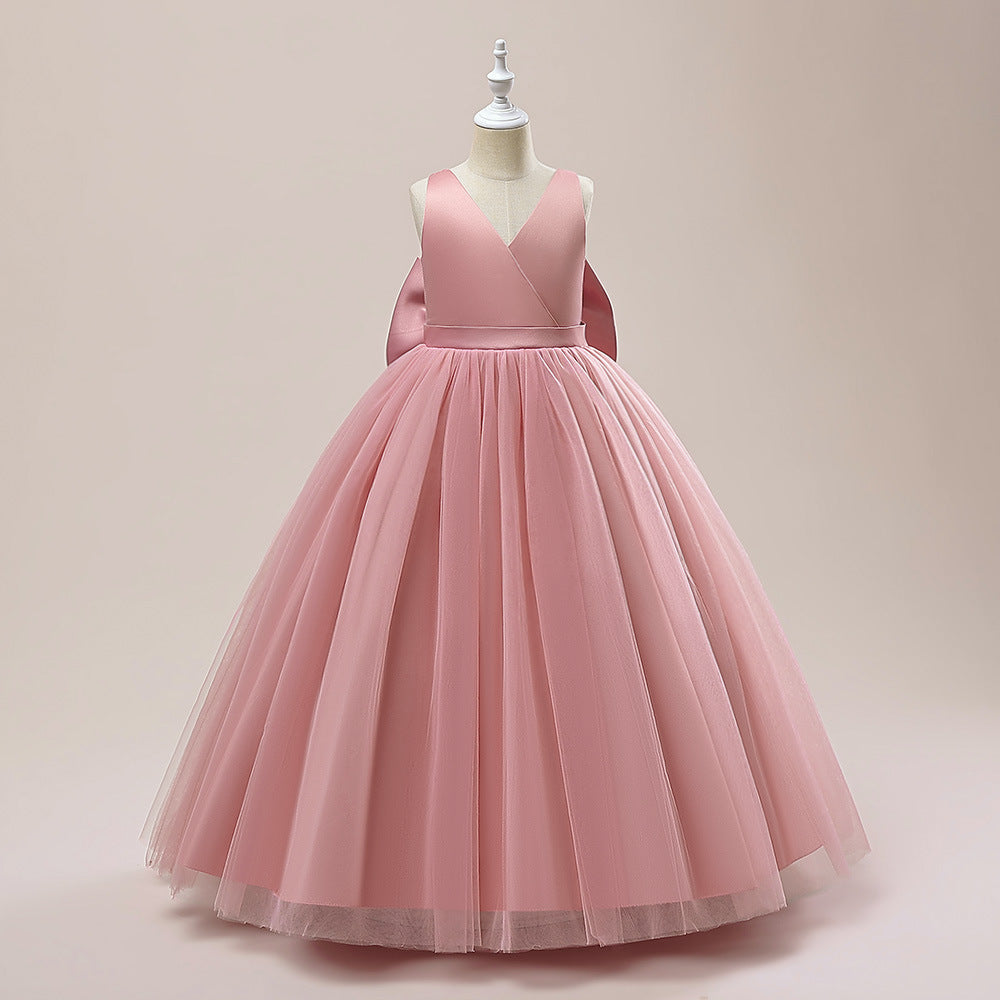 A-Line Mesh Maxi Flower Girl Dress with Bowknot – Cute Party & Wedding Gown for Kids