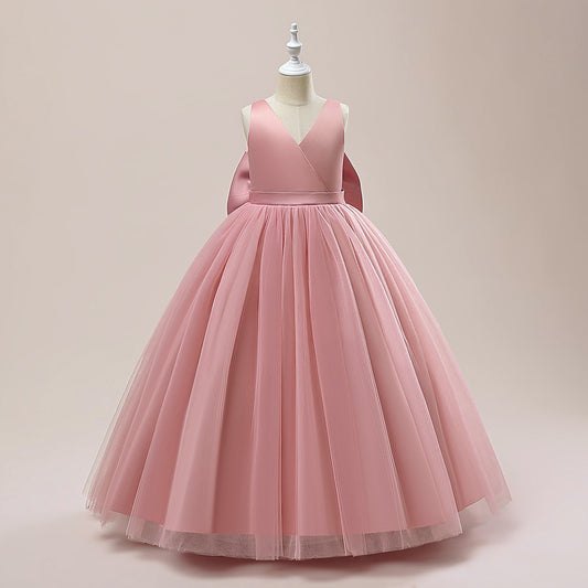 A-Line Mesh Maxi Flower Girl Dress with Bowknot – Cute Party & Wedding Gown for Kids