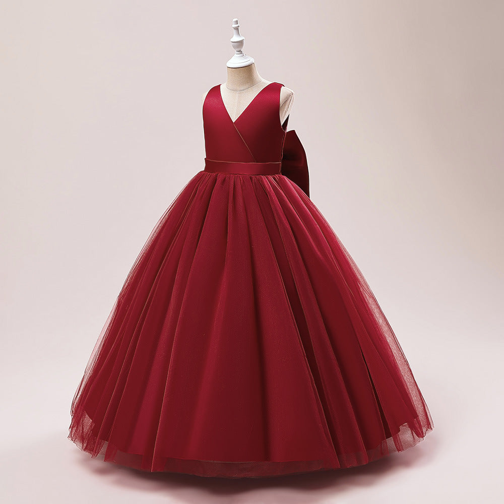 A-Line Mesh Maxi Flower Girl Dress with Bowknot – Cute Party & Wedding Gown for Kids