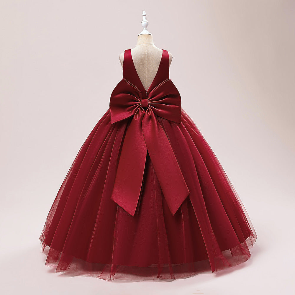 A-Line Mesh Maxi Flower Girl Dress with Bowknot – Cute Party & Wedding Gown for Kids