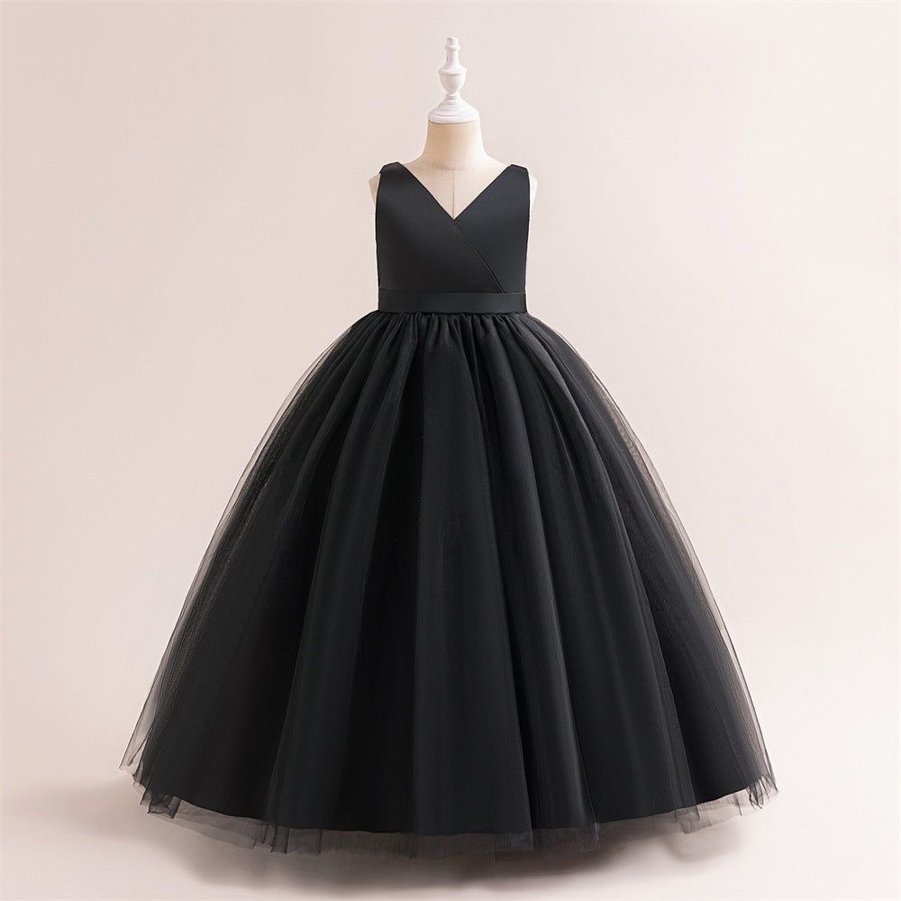 A-Line Mesh Maxi Flower Girl Dress with Bowknot – Cute Party & Wedding Gown for Kids