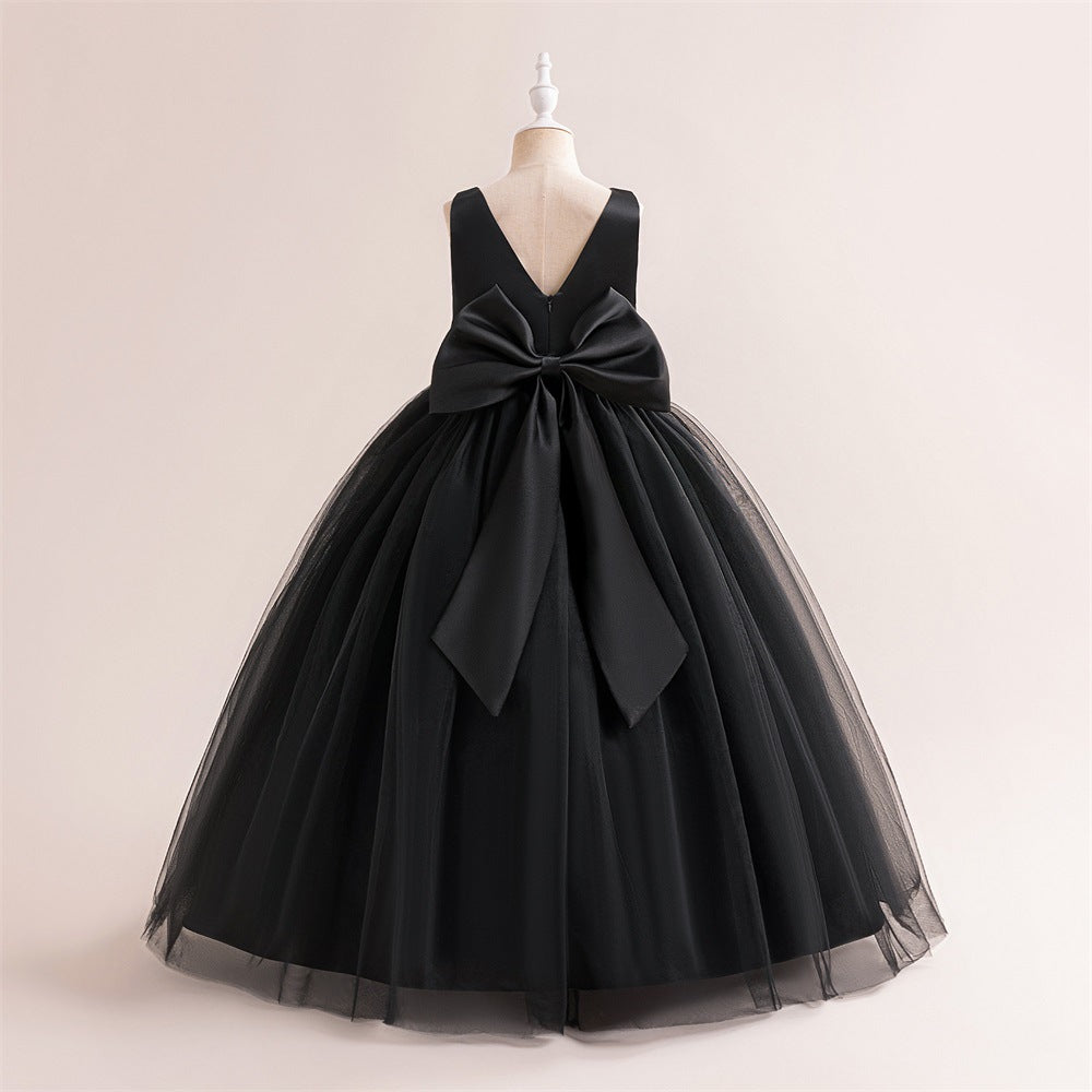 A-Line Mesh Maxi Flower Girl Dress with Bowknot – Cute Party & Wedding Gown for Kids