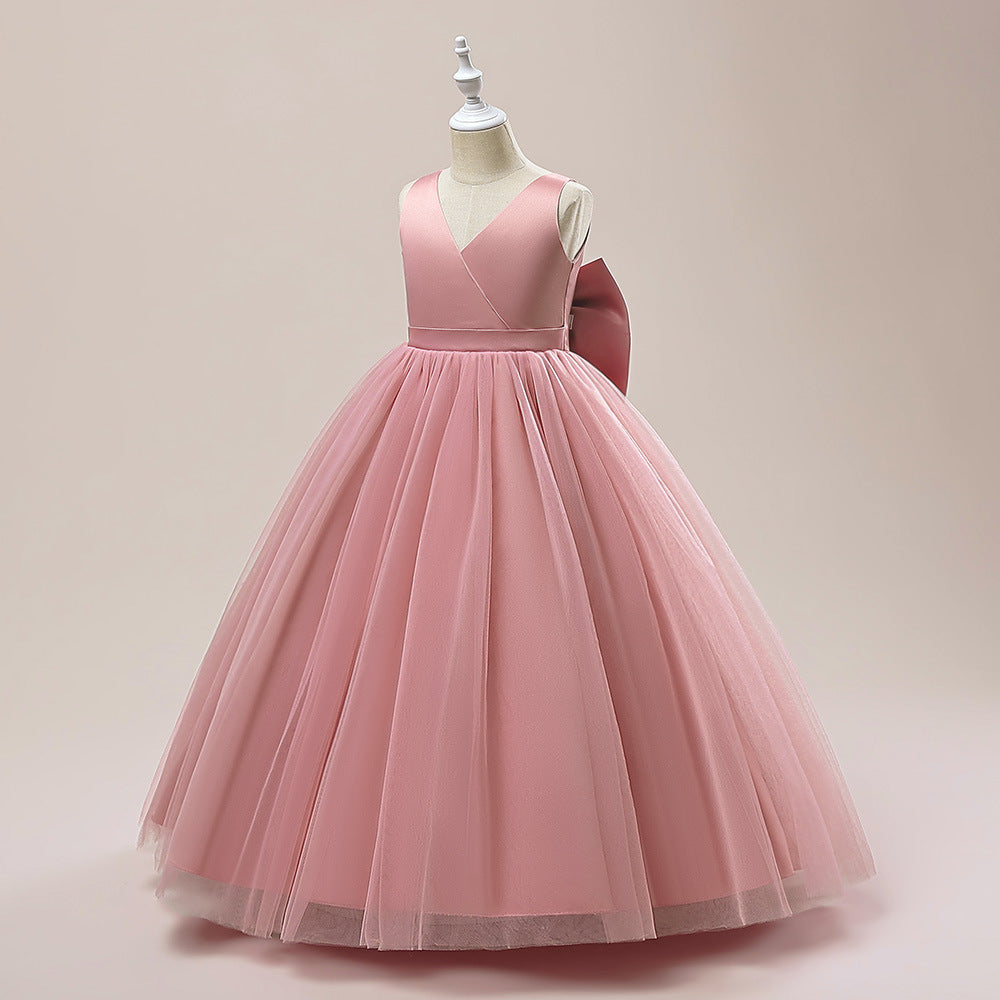 A-Line Mesh Maxi Flower Girl Dress with Bowknot – Cute Party & Wedding Gown for Kids