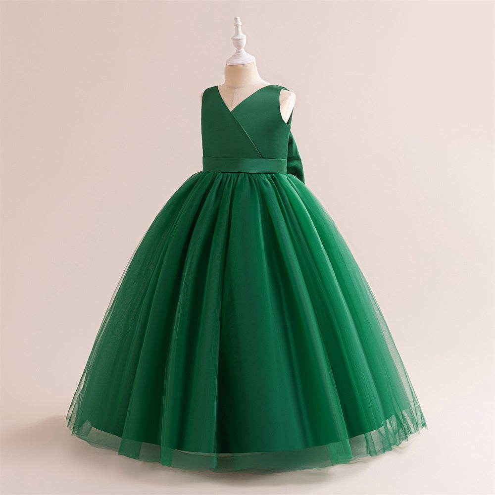 A-Line Mesh Maxi Flower Girl Dress with Bowknot – Cute Party & Wedding Gown for Kids