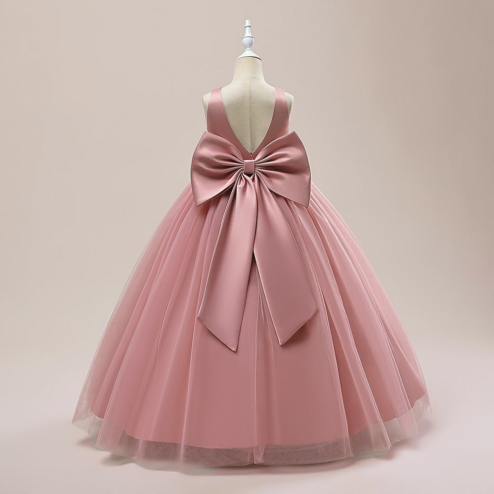 A-Line Mesh Maxi Flower Girl Dress with Bowknot – Cute Party & Wedding Gown for Kids