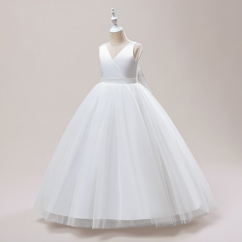 A-Line Mesh Maxi Flower Girl Dress with Bowknot – Cute Party & Wedding Gown for Kids