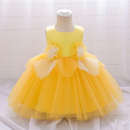 Adorable A-Line Baby Tea Length Dress with Fabric Flowers for 9-24 Months